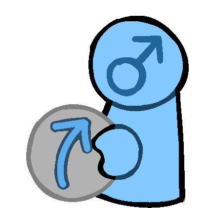 a blue figure with a mars/male sign on his face holding a grayed out ball with a blue arrow pointing to at him.